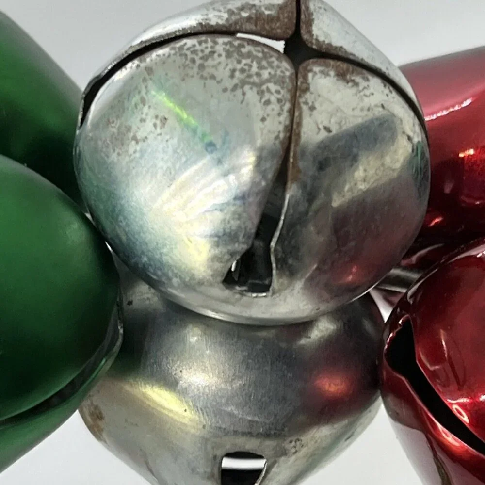 Christmas Jingle Bell Wreath Red Silver Green With Holly Accent Metal